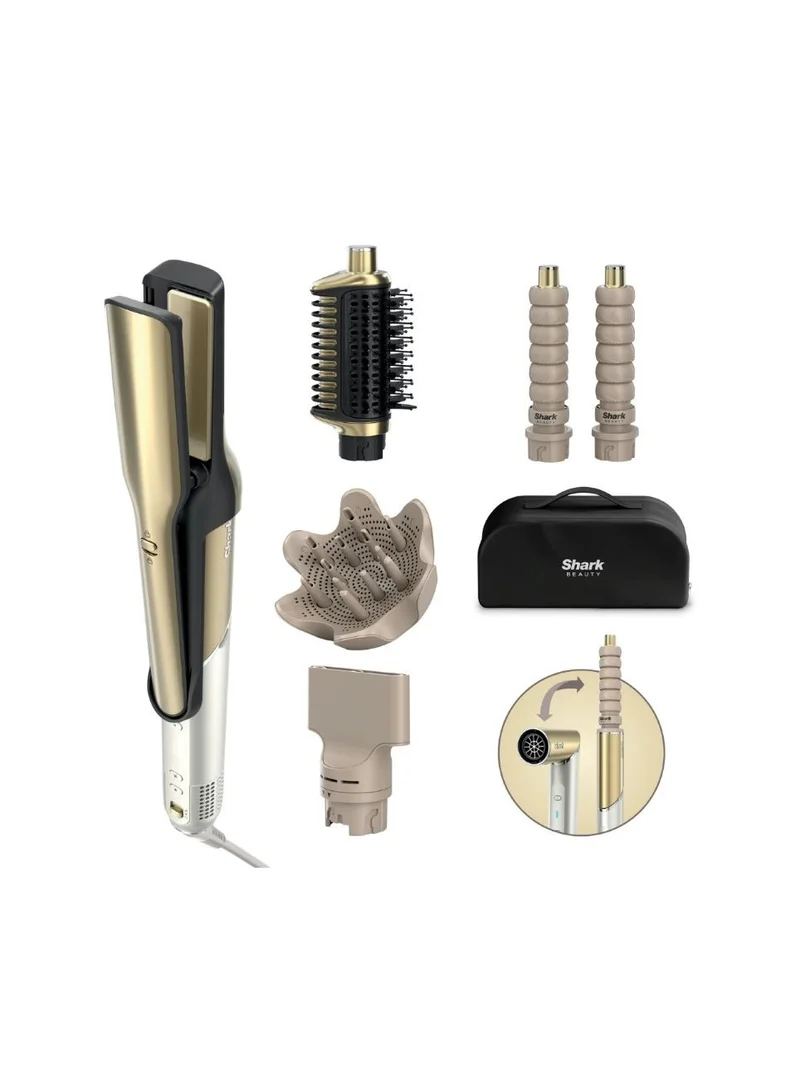 شارك Shark Glam 5-In-1 Ceramic & Powerful Air Styling & Drying System, Straightener, Auto-Wrap Curlers, Concentrator, Diffuser and Storage Case, No Heat Damage, Gold & White, HD6052SME
