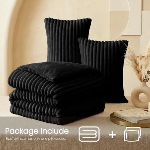 Quataly Marshmallow Queen Fleece Comforter Set Black Faux Fur Fluffy Comforter Set Luxury Bedding Set Soft Plush Fuzzy Warm Bed Set All Season 3 Pieces (1 Shaggy Comforter, 2 Pillowcases) - Image 2