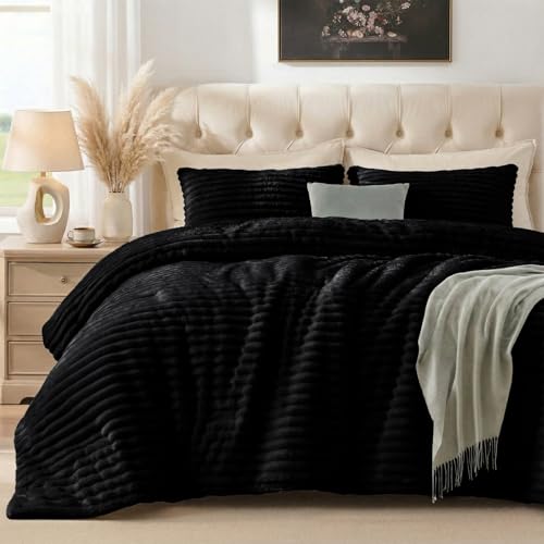 Quataly Marshmallow Queen Fleece Comforter Set Black Faux Fur Fluffy Comforter Set Luxury Bedding Set Soft Plush Fuzzy Warm Bed Set All Season 3 Pieces (1 Shaggy Comforter, 2 Pillowcases) - Image 1