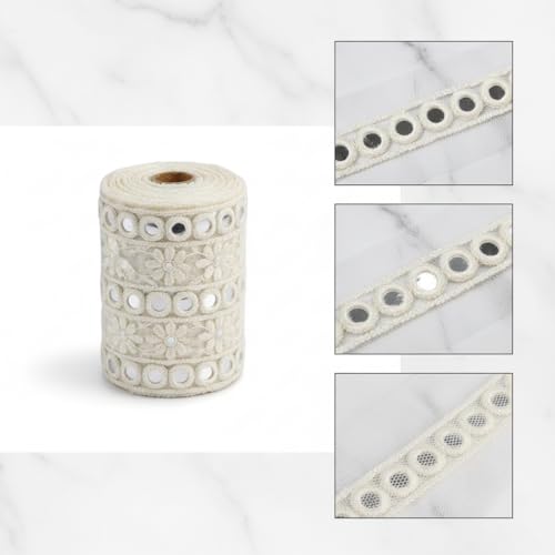 PREMDAS LACES Mirror Dyeable Cotton Lace For Saree Border, Designer Look, Heavy Cotton Embroidery On Net Fabric For All Your Fashionable Designer Outfits,Mirror/Sequence Work On Lace (9 Mtrs), White - Image 4