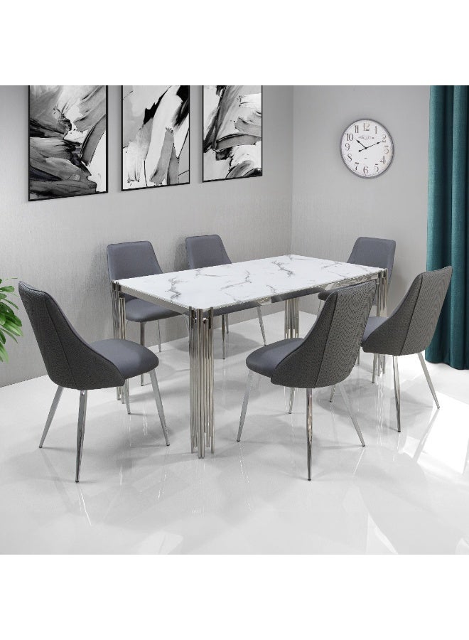 VANITY LIVING Dining Table Set 6 seater with Chairs, White Marble Stone Top Dinner Breakfast Table with Chrome Base + 6 Sienna Grey PU Chairs for Dining Room (6 Sienna Grey Chairs+Chrome Dining Table) - Image 1