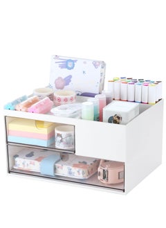 KASTWAVE Desk Organizer, with 2 Drawer and 4 Compartments, Makeup Stationery Vanity Organizer, Desktop Accessories, Desk Decor Aesthetic Multifunctional for Office, School, Home, 1 Pcs, White  - Image 1
