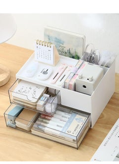 KASTWAVE Desk Organizer, with 2 Drawer and 4 Compartments, Makeup Stationery Vanity Organizer, Desktop Accessories, Desk Decor Aesthetic Multifunctional for Office, School, Home, 1 Pcs, White  - Image 3