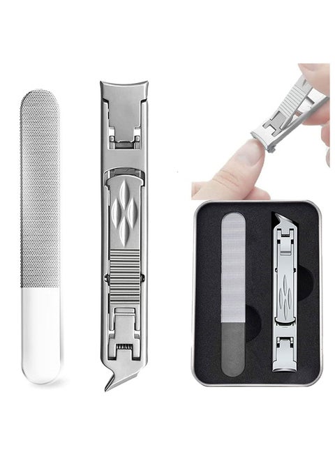 Multifunctional Stainless Steel Fingernail and Toenail Clipper Cutters Foldable Wide Jaw Opening Cutter with Safety Lock Double Head Curved & Slanted Trimmer & Sharp Nail File with Box
