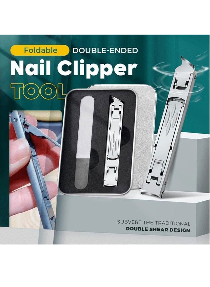 Excefore - Multifunctional Stainless Steel Fingernail and Toenail Clipper Cutters Foldable Wide Jaw Opening Cutter with Safety Lock Double Head Curved & Slanted Trimmer & Sharp Nail File with Box - Image 1