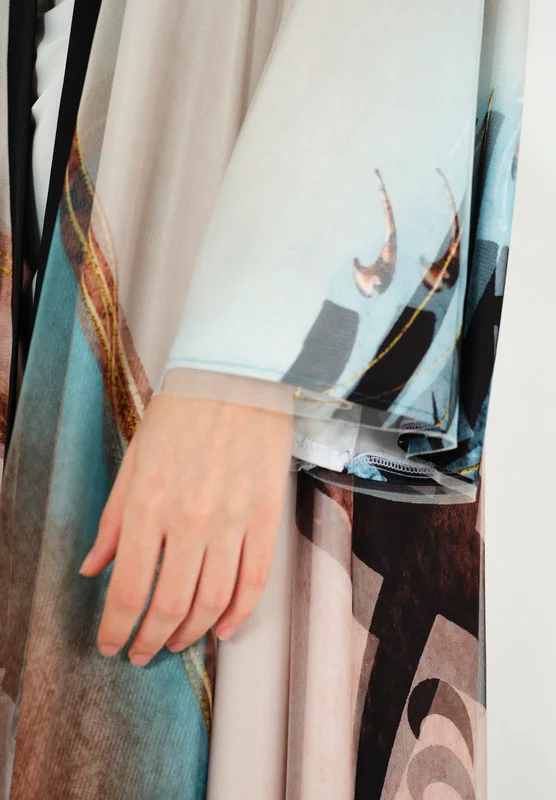 Thouq Beautiful Printed chiffon Jalabiya With Cowl Neckline With Long Sleeves