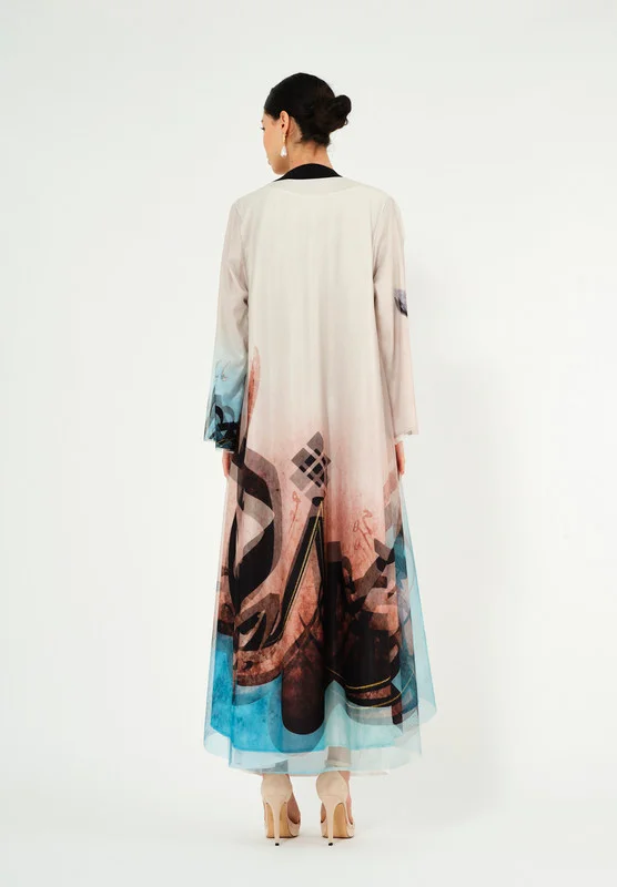 Thouq Beautiful Printed chiffon Jalabiya With Cowl Neckline With Long Sleeves