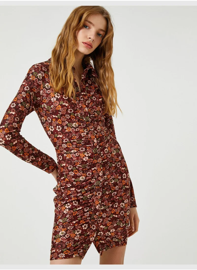 KOTON Slim Fit Long Sleeve Flora Shirt Dress