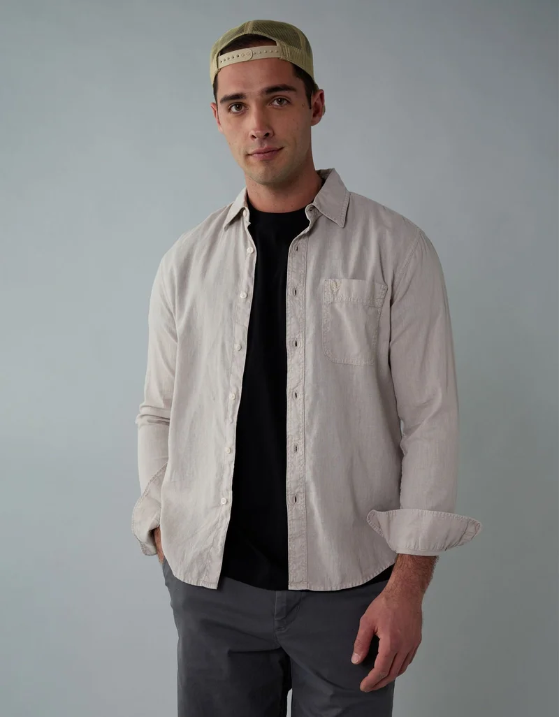 AE Long-Sleeve Linen-Blend Button-Up Shirt