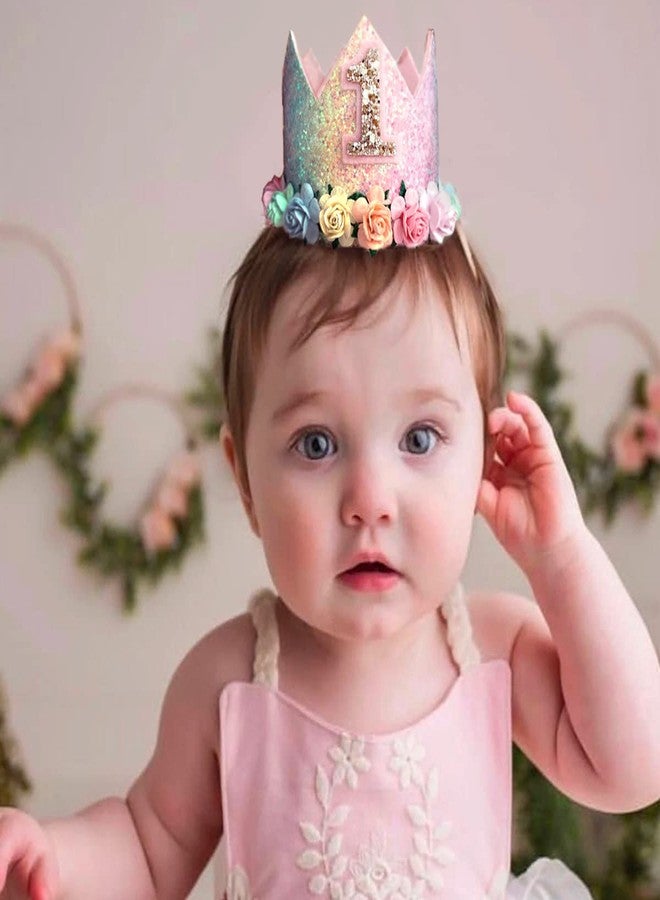 Happy Space Rainbow Birthday Crown/tiara/cap, 1 year baby Girl Glitter Pastel Rainbow Birthday Crown with flowers tiara. - Image 1