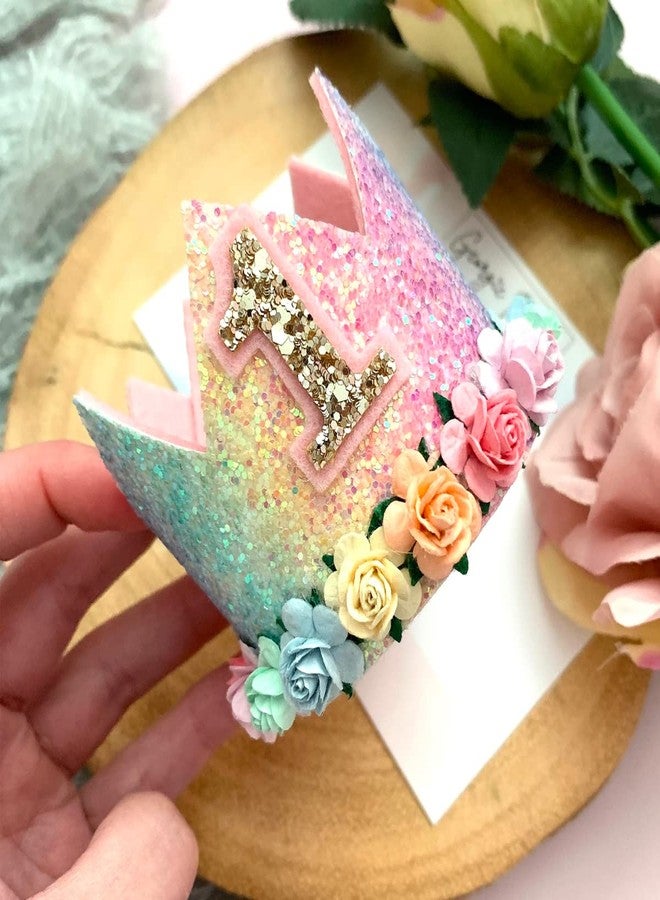 Happy Space Rainbow Birthday Crown/tiara/cap, 1 year baby Girl Glitter Pastel Rainbow Birthday Crown with flowers tiara. - Image 2