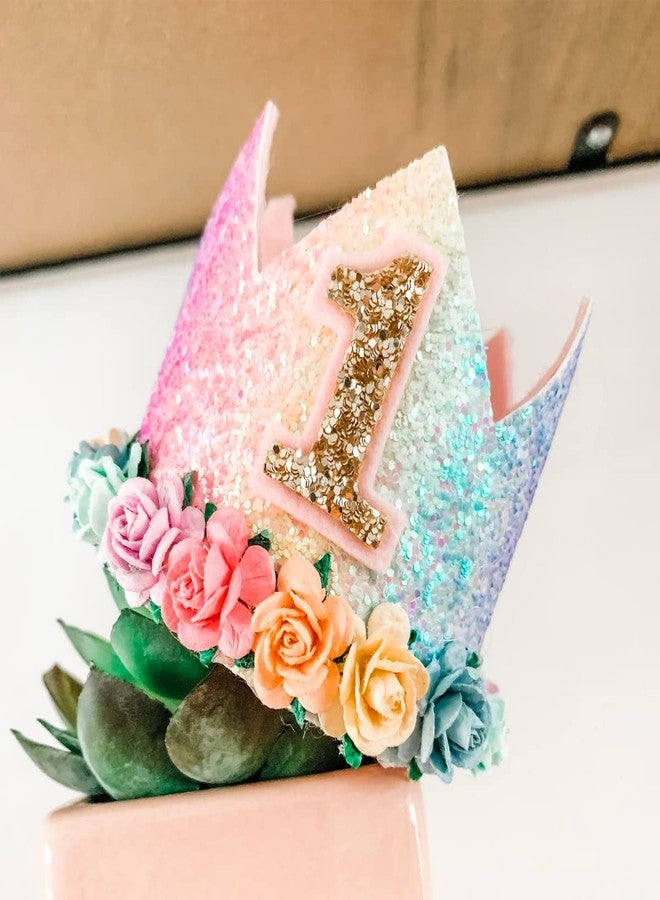 Happy Space Rainbow Birthday Crown/tiara/cap, 1 year baby Girl Glitter Pastel Rainbow Birthday Crown with flowers tiara. - Image 3