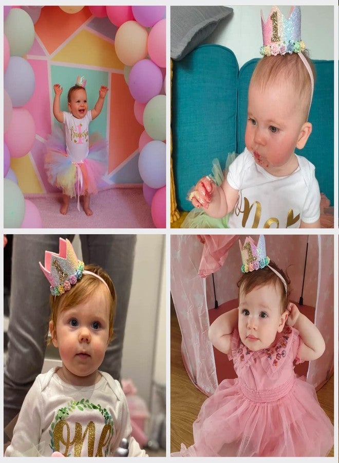 Happy Space Rainbow Birthday Crown/tiara/cap, 1 year baby Girl Glitter Pastel Rainbow Birthday Crown with flowers tiara. - Image 5