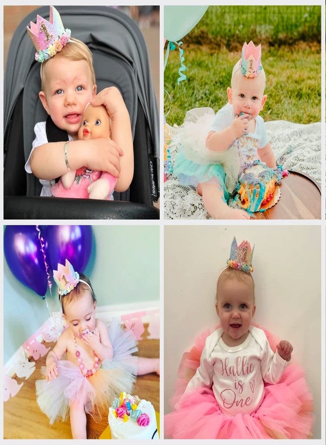 Happy Space Rainbow Birthday Crown/tiara/cap, 1 year baby Girl Glitter Pastel Rainbow Birthday Crown with flowers tiara. - Image 4