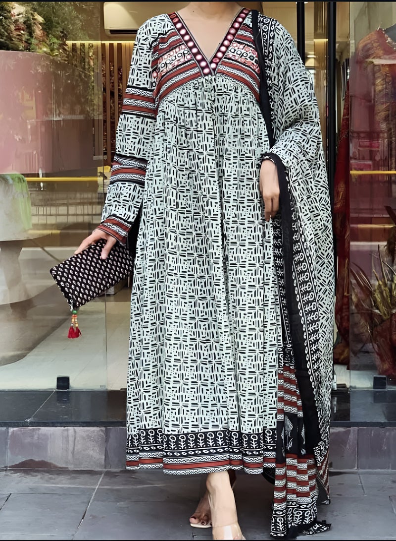IndHeritage IndHeritage - Premium black & white printed kurti, cotton 3 piece kurti set / salwar suit mirror work on the neckline &  maroon embroidery work on the neckline & sleeves  - Comes with top, pants & dupatta - Indian Kurti Set IDH00199  - Image 1