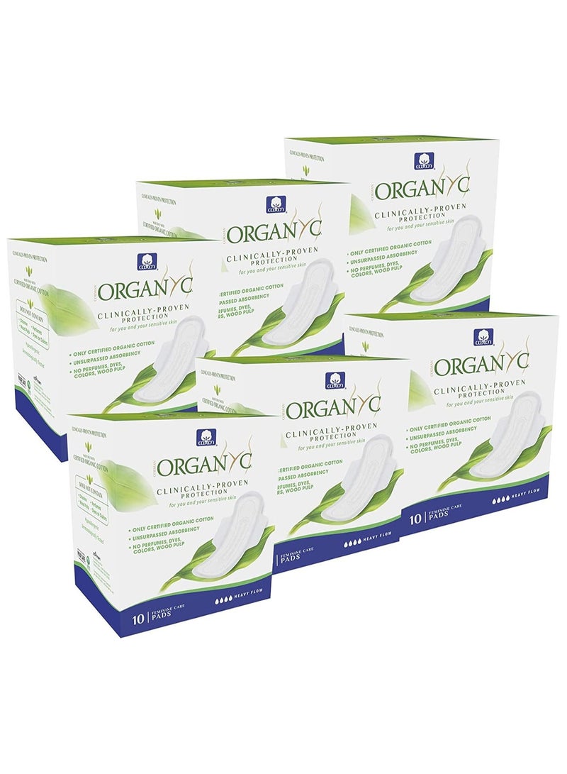 ORGANYC 100% Certified Organic Cotton Feminine Pads, 10 Count (Pack of 6)