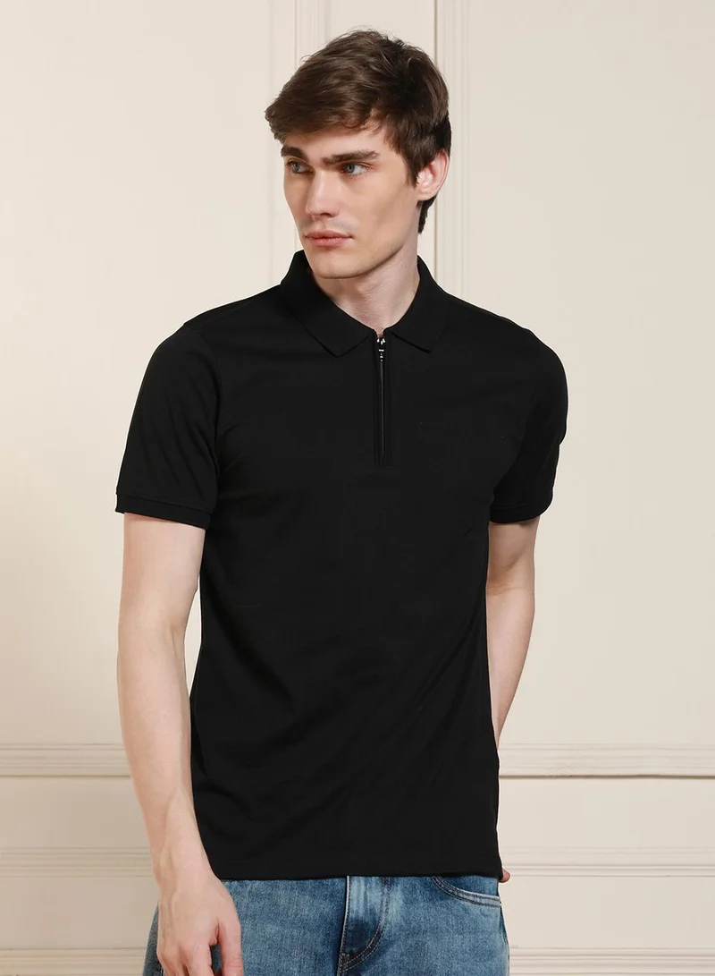 Dennis Lingo Black Regular Fit Solid Polo Collar T-shirt for Men - 100% Cotton, Half Sleeve, Casual,