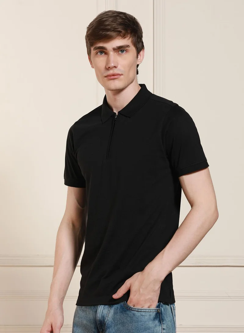 Dennis Lingo Black Regular Fit Solid Polo Collar T-shirt for Men - 100% Cotton, Half Sleeve, Casual,