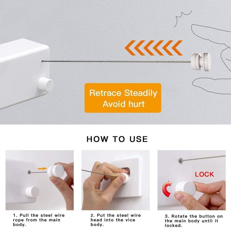 JOOM Retractable Clothesline |Indoor Outdoor Clothes Line | Heavy Duty Clothes Drying Laundry Line | Wall Mounted Drying Rack Clothing Line | Retracting Hanging | Lock to Prevent Sagging - Image 3