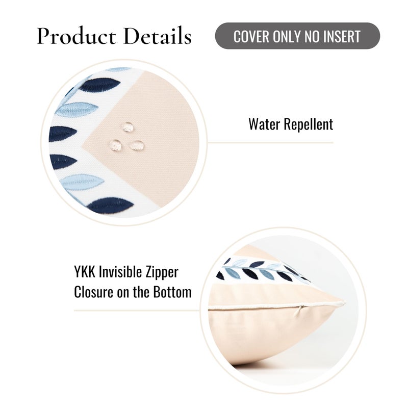 Hofdeco Premium Coastal Patio Indoor Outdoor Throw Pillow Cover Only, 20"x20" Water Repellent for Backyard, Couch, Neutral Tan Embroidered Frame Leafs with Piping - Image 5