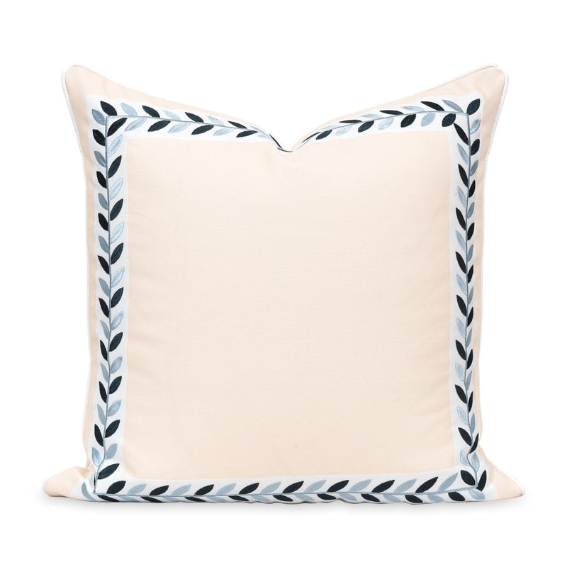 Hofdeco Premium Coastal Patio Indoor Outdoor Throw Pillow Cover Only, 20"x20" Water Repellent for Backyard, Couch, Neutral Tan Embroidered Frame Leafs with Piping - Image 1