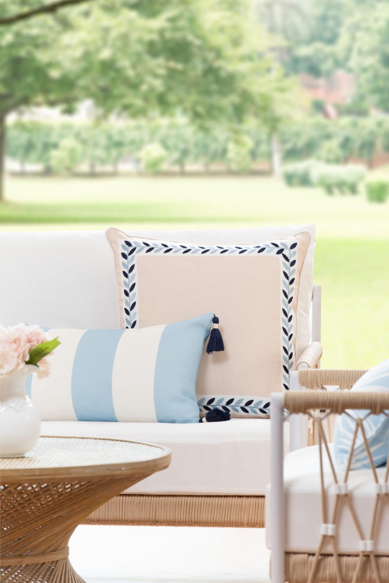 Hofdeco Premium Coastal Patio Indoor Outdoor Throw Pillow Cover Only, 20"x20" Water Repellent for Backyard, Couch, Neutral Tan Embroidered Frame Leafs with Piping - Image 2
