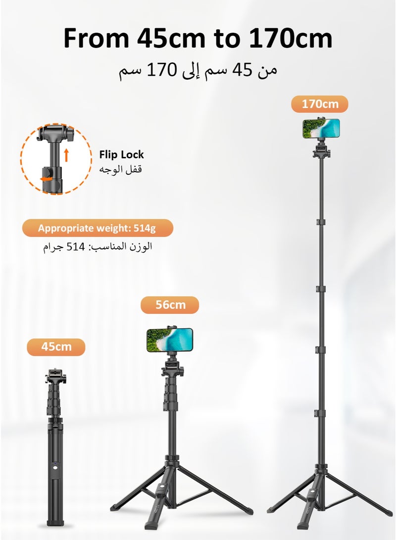 XXZU 170cm Phone Tripod, Portable Phone Stand Tripod for Travel or Video Recording, 10M Long Distance Remote Control, with 1/4'' Screw and Detachable Phone Clamp, Compatible with iPhone, Android and Camera with 1/4'' Hole - Image 5
