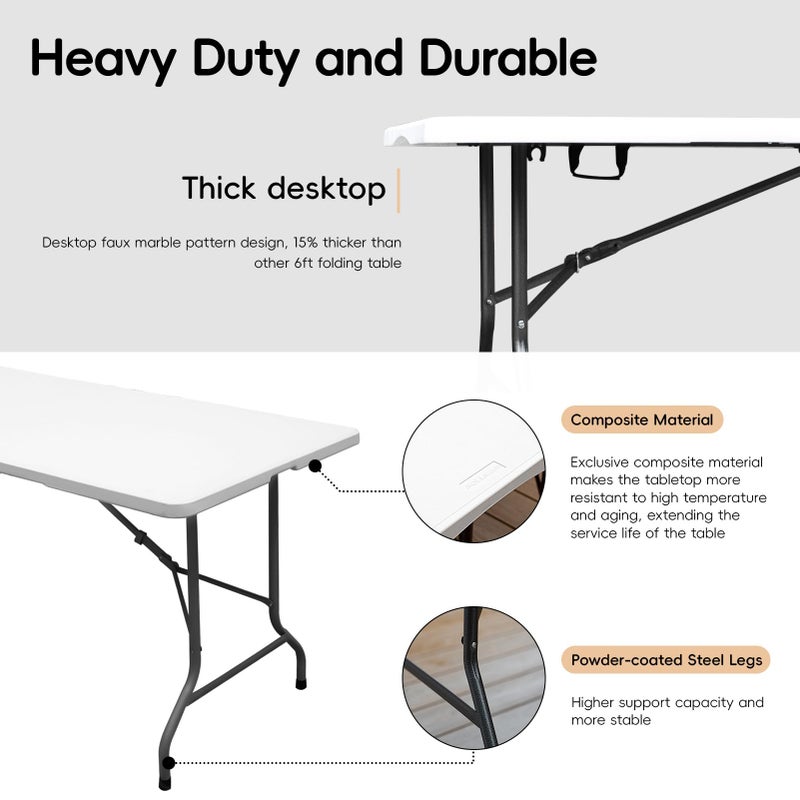pollilar 6FT Folding Table Plastic 6 Foot Foldable Table HDPE Portable Banquet Surface Fold-in-Half Desk Utility for Working Meeting,Parties, Picnic, Camping, Weddings, Catering, Garden Dining-White - Image 4