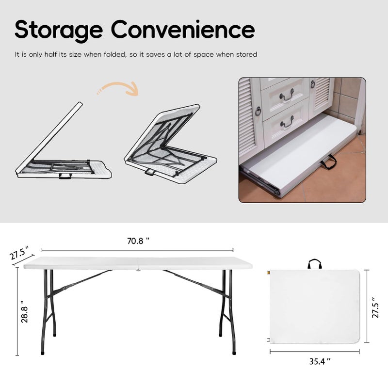 pollilar 6FT Folding Table Plastic 6 Foot Foldable Table HDPE Portable Banquet Surface Fold-in-Half Desk Utility for Working Meeting,Parties, Picnic, Camping, Weddings, Catering, Garden Dining-White - Image 2