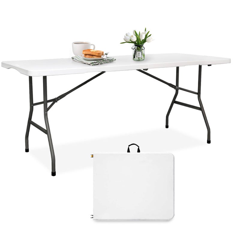 pollilar 6FT Folding Table Plastic 6 Foot Foldable Table HDPE Portable Banquet Surface Fold-in-Half Desk Utility for Working Meeting,Parties, Picnic, Camping, Weddings, Catering, Garden Dining-White - Image 1