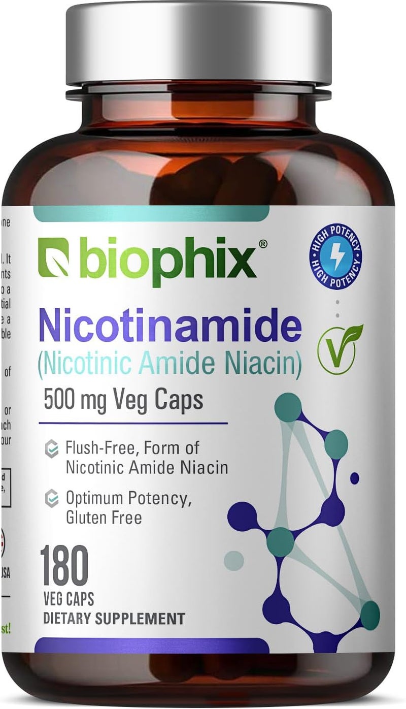 biophix B3 Nicotinamide 500 mg 180 Vcaps  Nicotinic Amide Niacin Natural FlushFree Vitamin Formula  Supports Skin Cell Health - Image 1