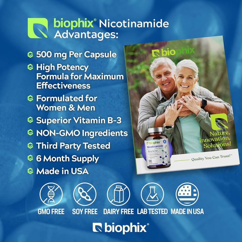 biophix B3 Nicotinamide 500 mg 180 Vcaps  Nicotinic Amide Niacin Natural FlushFree Vitamin Formula  Supports Skin Cell Health - Image 3