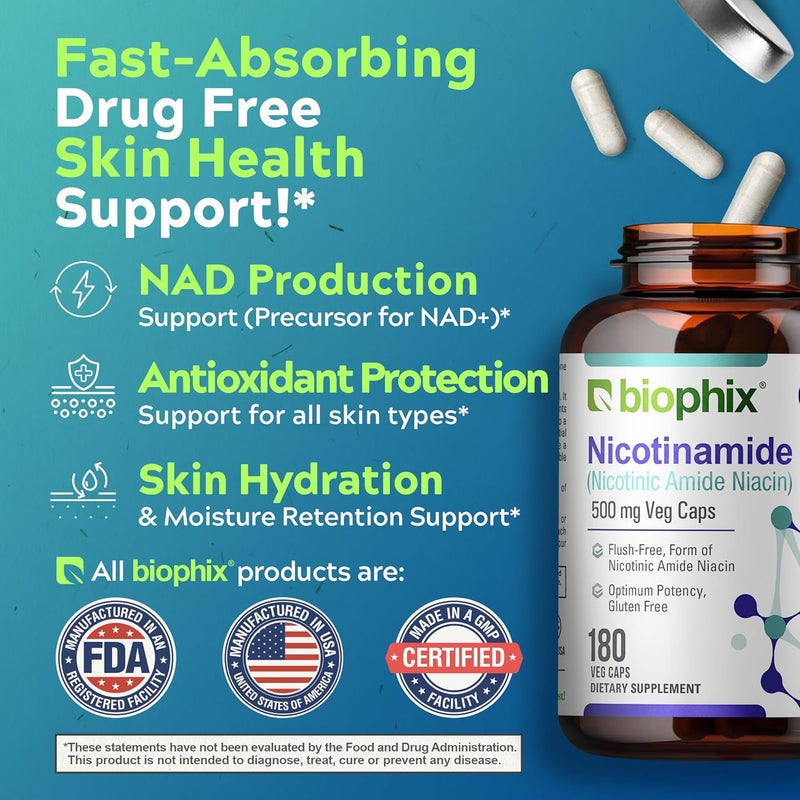 biophix B3 Nicotinamide 500 mg 180 Vcaps  Nicotinic Amide Niacin Natural FlushFree Vitamin Formula  Supports Skin Cell Health - Image 5