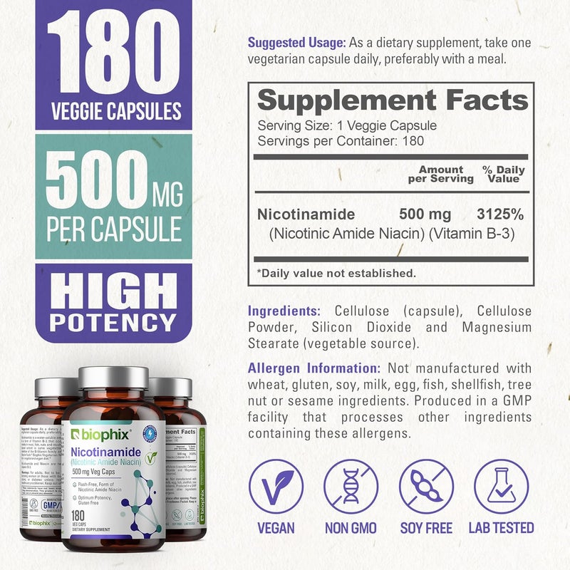biophix B3 Nicotinamide 500 mg 180 Vcaps  Nicotinic Amide Niacin Natural FlushFree Vitamin Formula  Supports Skin Cell Health - Image 4