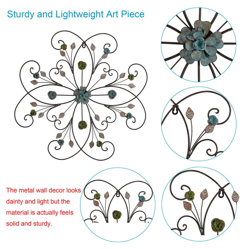 Phaxth 24" Metal Flower Wall Art Decor with Rust Leaf, Large Scroll Outdoor Wall Art Decor - Image 3