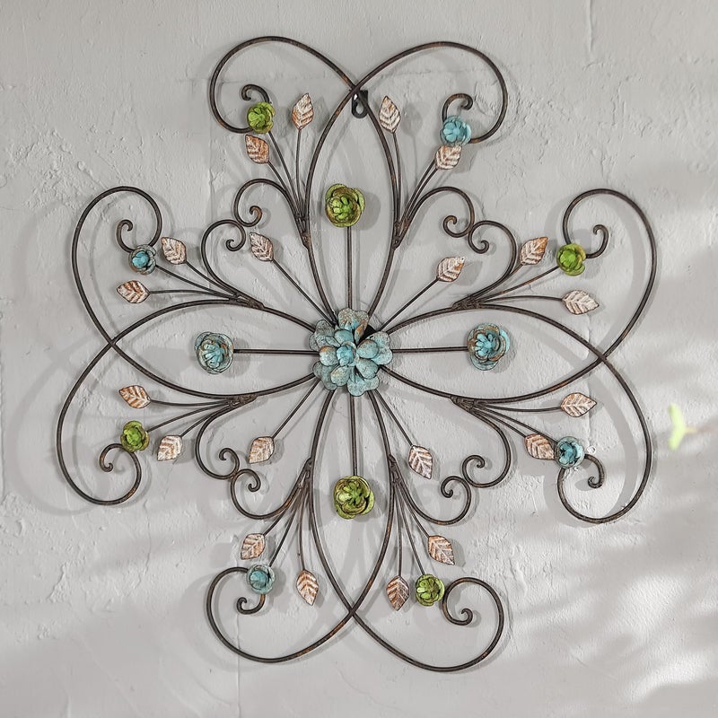 Phaxth 24" Metal Flower Wall Art Decor with Rust Leaf, Large Scroll Outdoor Wall Art Decor - Image 1