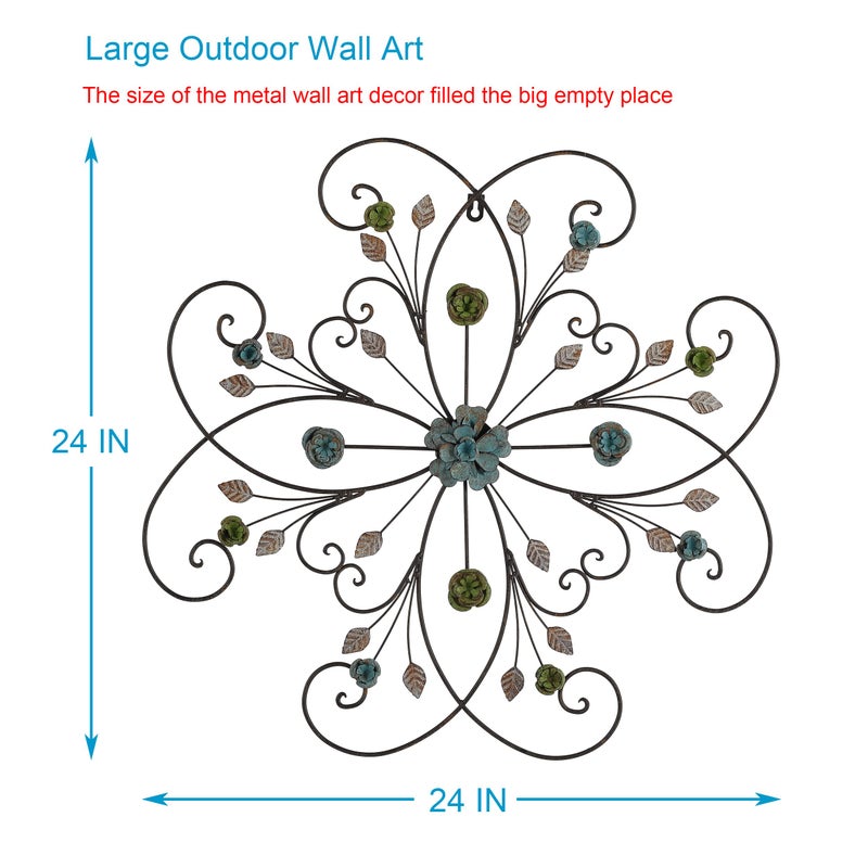 Phaxth 24" Metal Flower Wall Art Decor with Rust Leaf, Large Scroll Outdoor Wall Art Decor - Image 2