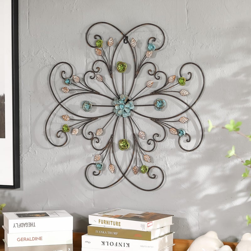 Phaxth 24" Metal Flower Wall Art Decor with Rust Leaf, Large Scroll Outdoor Wall Art Decor - Image 4