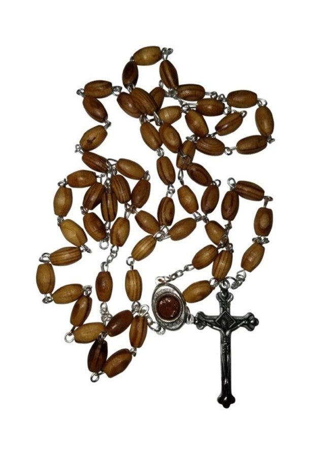 JERUSALEM Holy SOIL Olive Wood Christian Rosary Silver Crucifix - Image 1