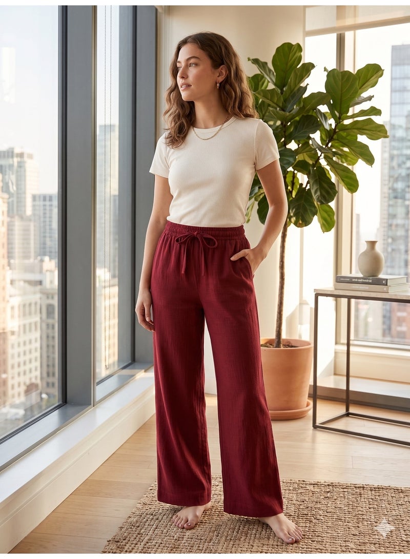 Soft Steps Women's Linen Pants Burgundy – Casual Breathable Trousers, Size M - Image 1