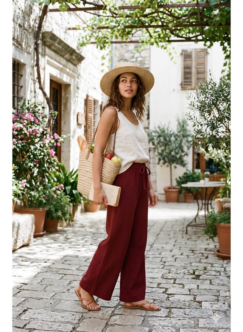 Soft Steps Women's Linen Pants Burgundy – Casual Breathable Trousers, Size M - Image 3
