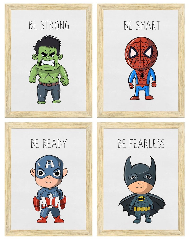 ArtX Wall Paintings For Kids Room, Superheroes Kids Room Wall Frame, Superheros, 10x13 inch each, Multicolor, Synthetic Wood, Set Of 4 - Image 1
