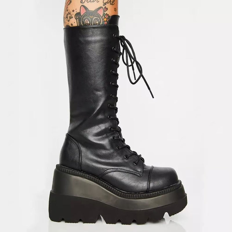 2020 Winter and New Lace-up Thick Bottom Wedge Heel Boots Women Foreign Trade Knight Boots Spot - Image 5