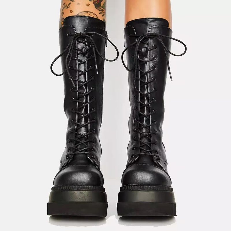 2020 Winter and New Lace-up Thick Bottom Wedge Heel Boots Women Foreign Trade Knight Boots Spot - Image 3