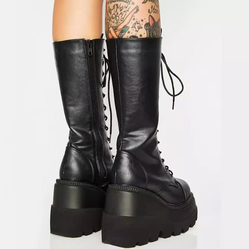 2020 Winter and New Lace-up Thick Bottom Wedge Heel Boots Women Foreign Trade Knight Boots Spot - Image 4