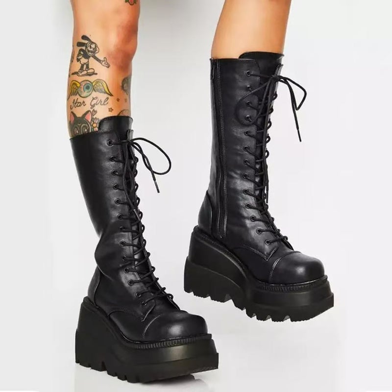 2020 Winter and New Lace-up Thick Bottom Wedge Heel Boots Women Foreign Trade Knight Boots Spot - Image 2