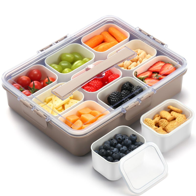 Sunhanny Snackle Box Container for Adults with 9 Compartment, Divided Serving Tray Snack Box Containers with Lid and Handle, Charcuterie Boxes Portable Snack Platter for Fruit Veggie Party Travel, Brown - Image 1