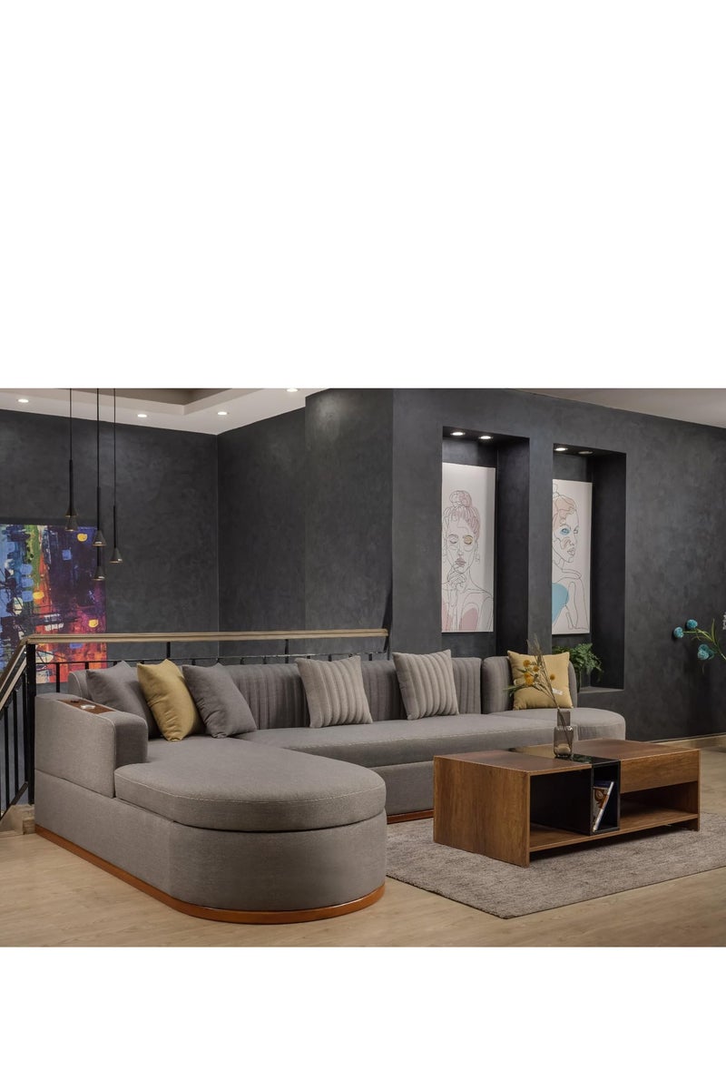 ركنة حرف L بكرسي دوران – قماش كتان وخشب زان – مقاس 360×200×90 سم