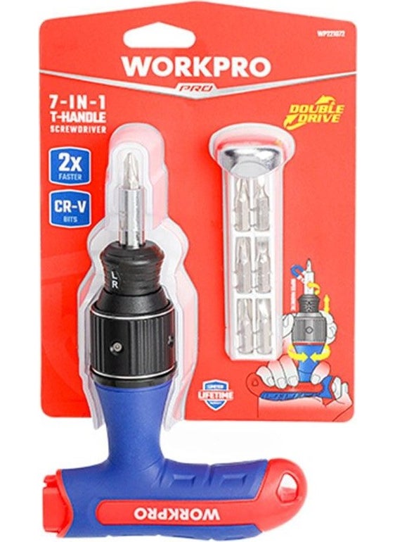 WORKPRO - WP221072 7-In-1 Professional Cr-V T-Handle Ratchet Magnetic Screwdriver Set - Image 1