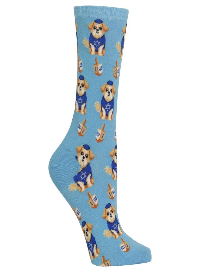 Women's Dreidel Dog Crew Socks Light Blue
